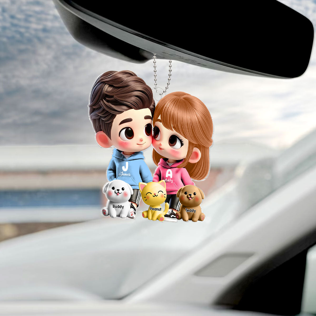 3D Effect Cute Cartoon Couple Holding Hands with Dogs Cats Personalized Acrylic Car Hanger, Anniversary & Gift for him, Gift for her