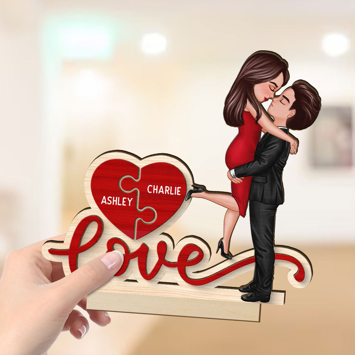 Couple Hugging Kissing Love Missing Piece Personalized 2-Layer Standing Wooden Plaque, Gift For Him or Her