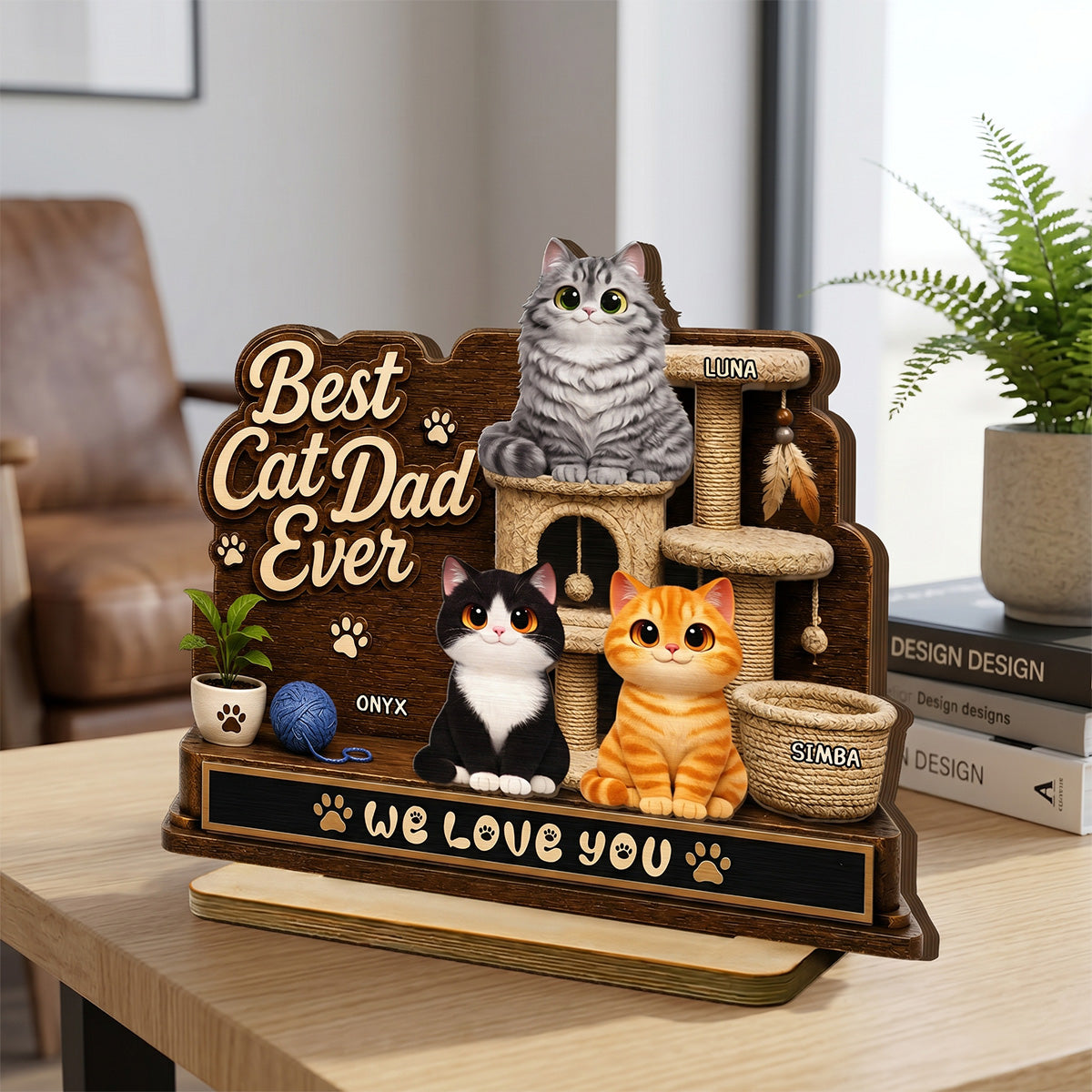 Best Cat Dad Ever Cute Cats On Cat Tree 2D Flat - Personalized 2-Layered Wooden Plaque - Gift For Cat Dad