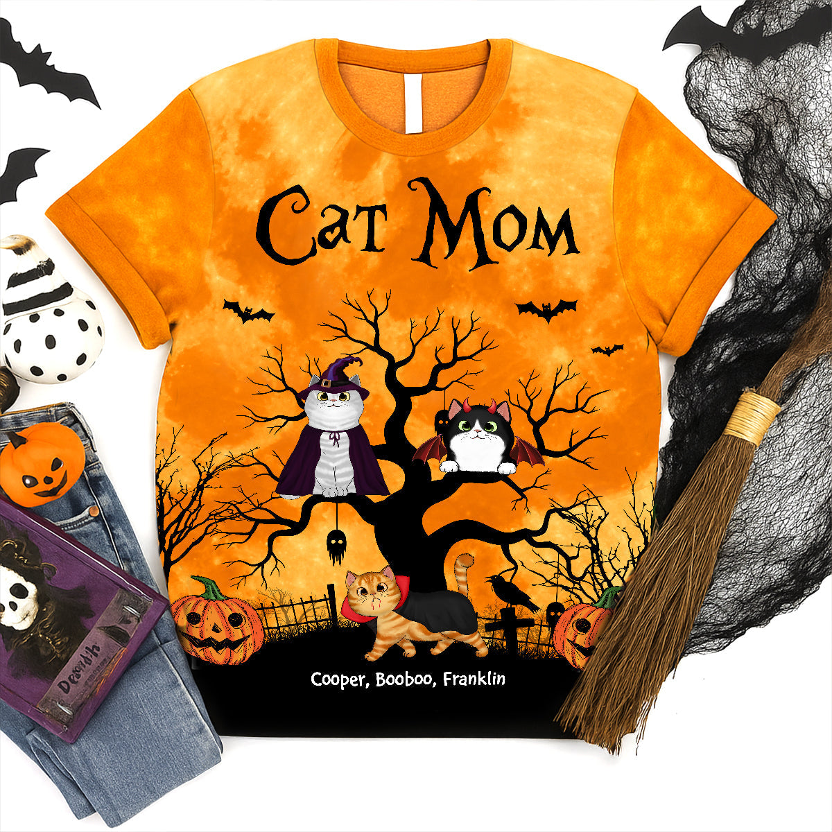 Cat Mom Halloween Moon Light Bat Cat Tree Personalized Shirt, Purrfect Costume for Cat Lover