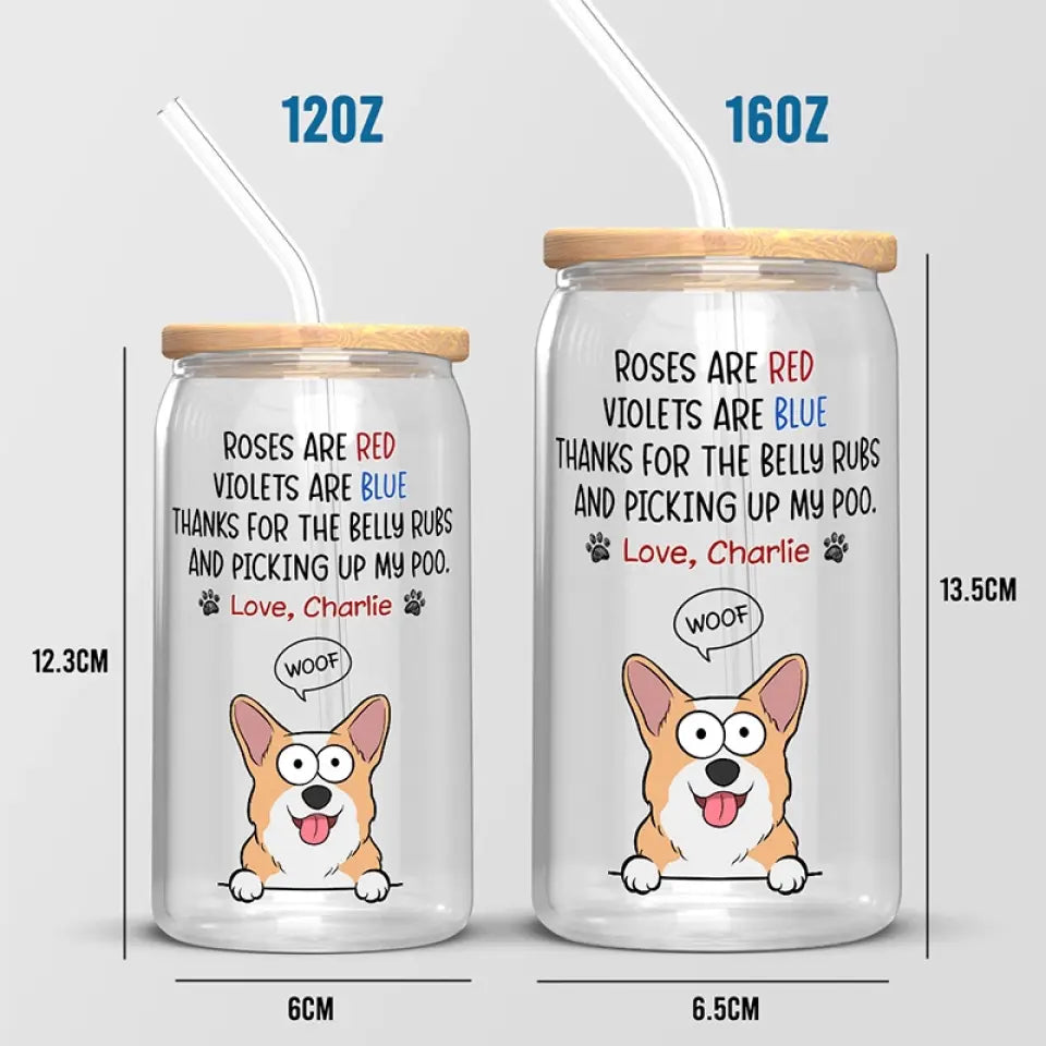 Thanks For The Belly Rubs - Dog Personalized Custom Glass Cup, Iced Coffee Cup - Gift For Pet Owners, Pet Lovers