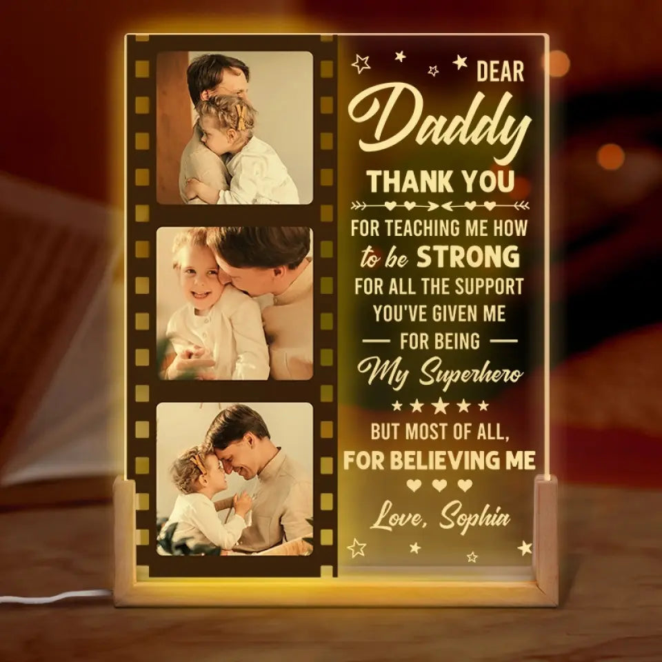 Custom Photo Thank You Daddy For Teaching Me How To Be Strong - Family Personalized Custom Shaped 3D LED Walnut Night Light - Father's Day, Birthday Gift For Dad