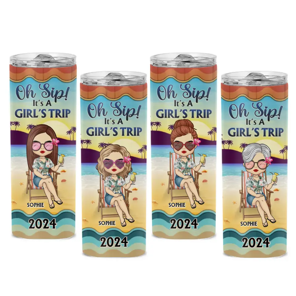 Oh Sip It's A Girl Trip - Bestie Personalized Custom Skinny Tumbler - Summer Vacation Gift, Birthday Pool Party Gift For Best Friends, BFF, Sisters