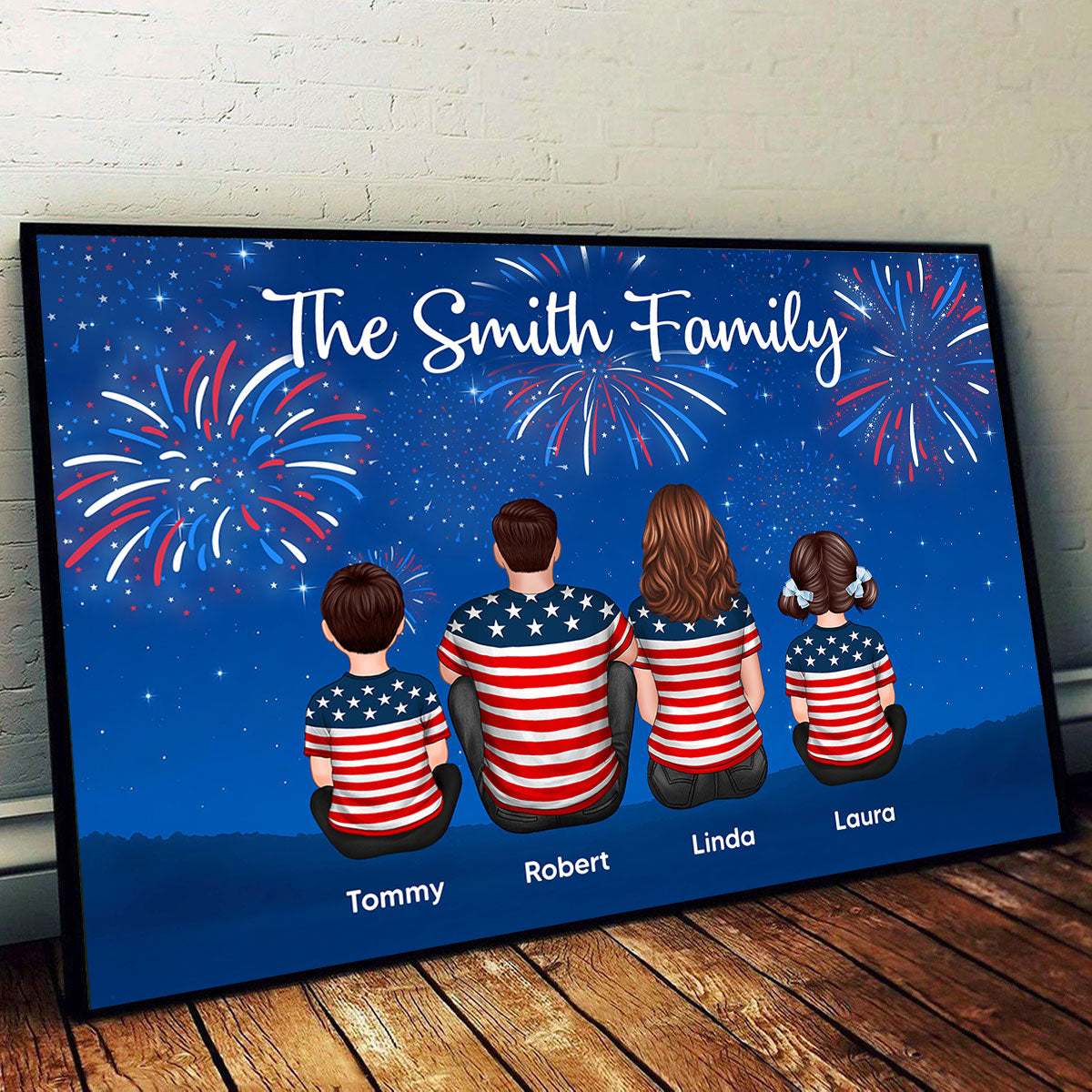 American Family At Night Firework 4th Of July Personalized Poster, Father's Day gift, gift for family