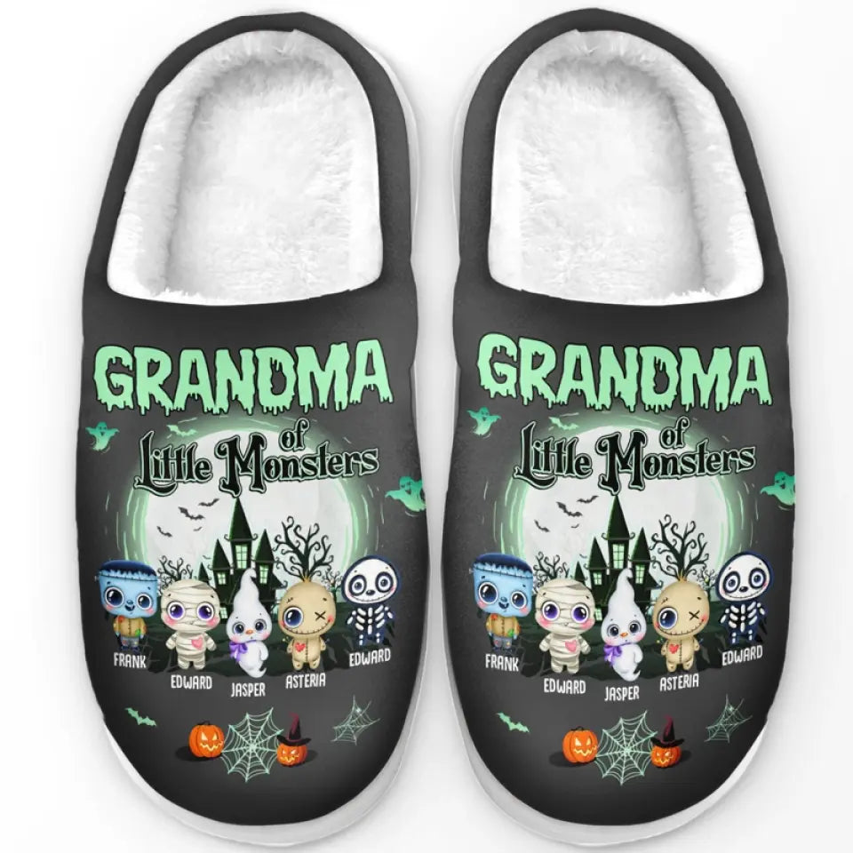 Grandma Of Little Monsters - Family Personalized Custom Fluffy Slippers - Halloween Gift For Mom, Grandma
