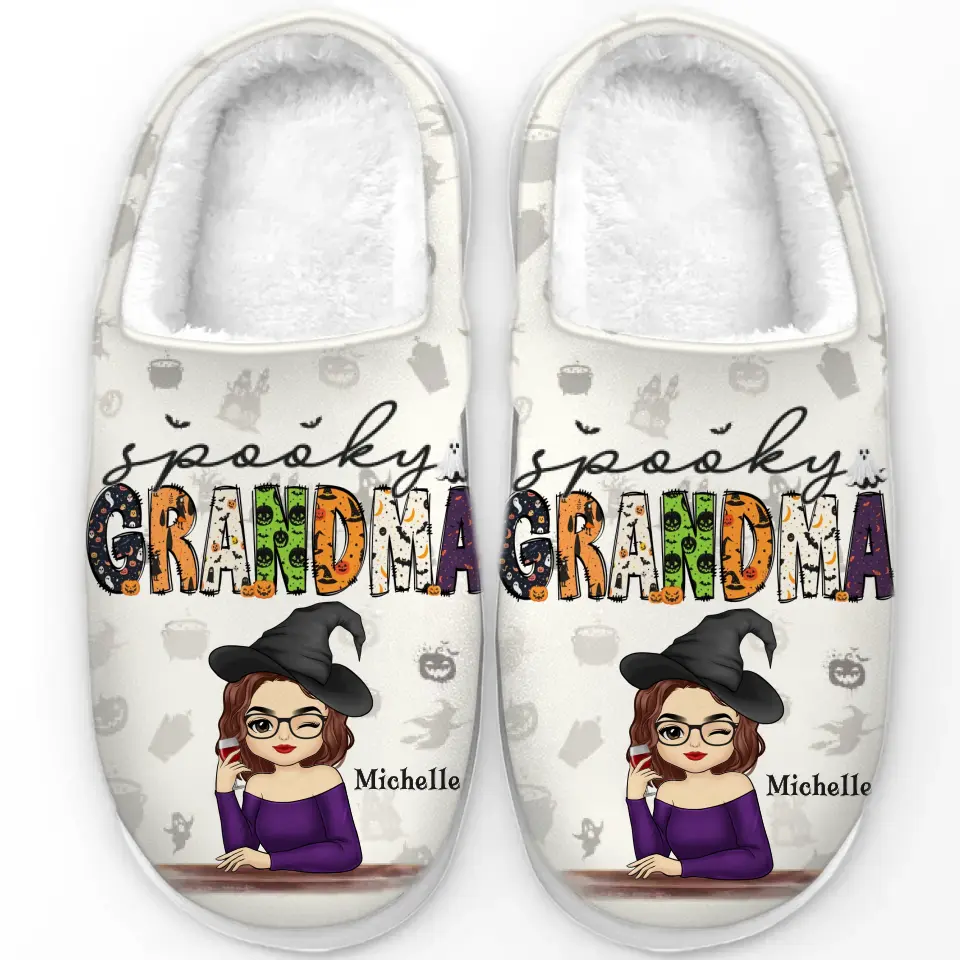 Spooky Grandma - Family Personalized Custom Fluffy Slippers - Halloween Gift For Mom, Grandma