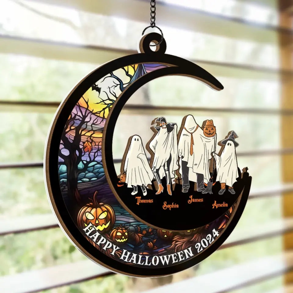 Halloween Brings Us Together For Fun And Laughter - Family Personalized Window Hanging Suncatcher - Halloween Gift For Family Members