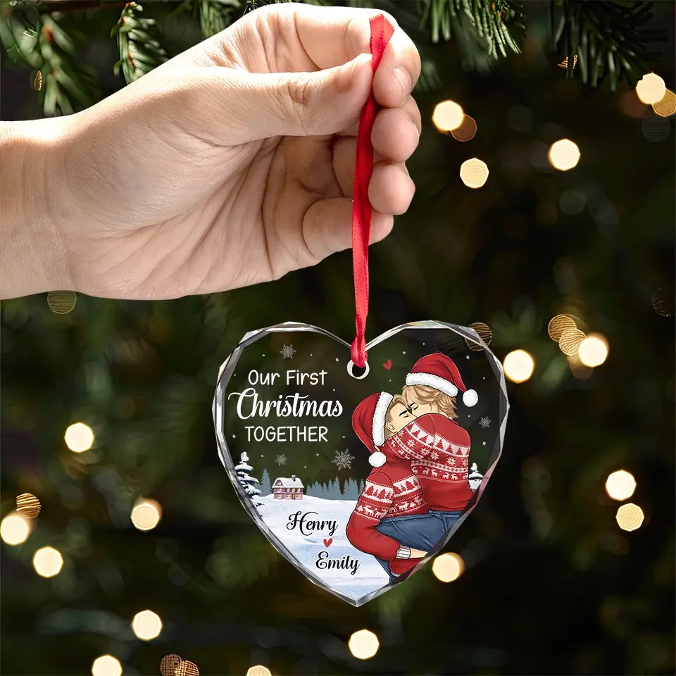 A Beautiful Sight, We're Happy Tonight - Couple Personalized Custom Heart Glass Ornament - Christmas Gift For Husband Wife, Anniversary, First Christmas