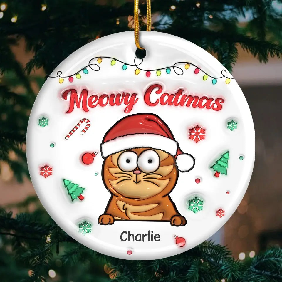 Season's Greetings - Dog & Cat Personalized Custom 3D Inflated Effect Printed Ornament - Ceramic Round Shaped - Christmas Gift For Pet Owners, Pet Lovers