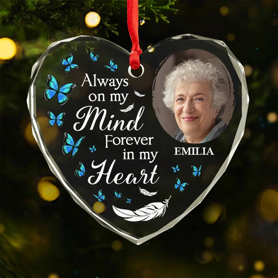 Custom Photo Never Forgotten, Forever Loved - Memorial Personalized Custom Heart Glass Ornament - Sympathy Gift, Christmas Gift For Family Members