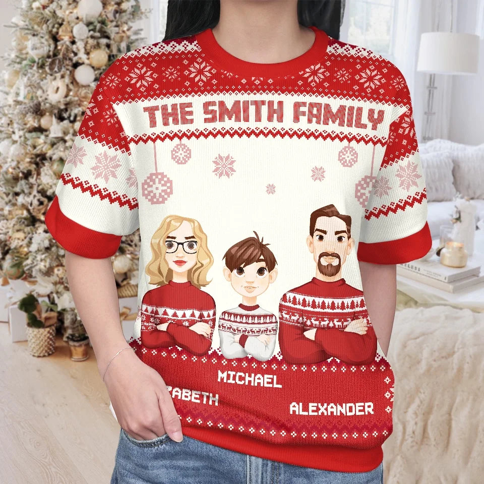 Family Love Grows Warmer At Christmas - Family Personalized Custom All Over Print Adult Short Sleeve Sweater - Christmas Gift For Family Members