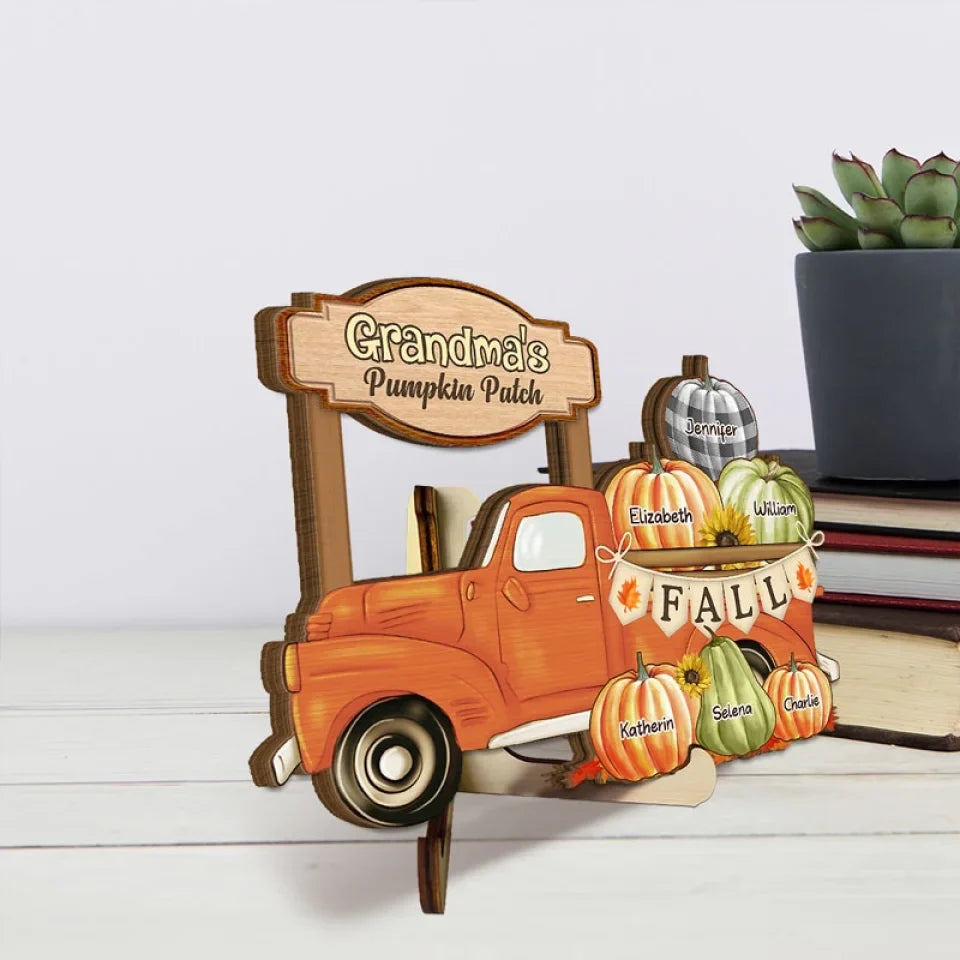 Grandma's Truck, Full Of Pumpkins And Love - Family Personalized Custom 2-Layered Wooden Plaque With Stand - Gift For Mom, Grandma