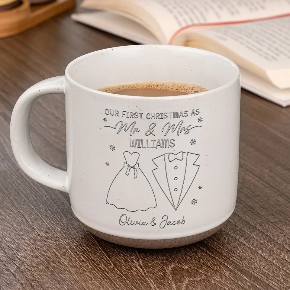 Here’s To Cozy Mornings And Warm Moments - Couple Personalized Custom Pottery Mug - Christmas Gift For Husband Wife, Anniversary, First Christmas