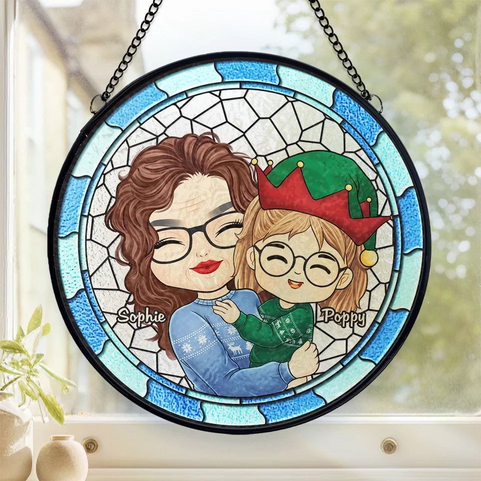 Grandma's Hugs Make Christmas Warm And Bright - Family Personalized Custom Stained Glass Window Hanging Suncatcher - Christmas Gift For Mom, Grandma