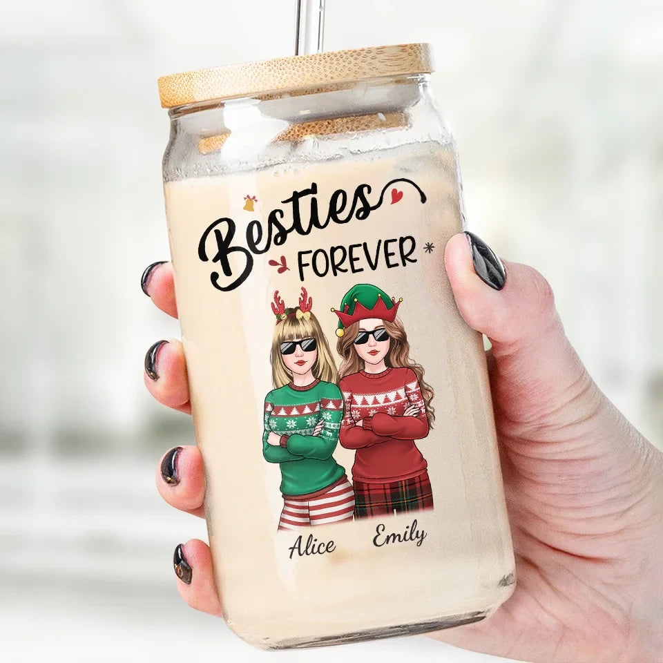 Homies For The Holidays - Bestie Personalized Custom Glass Cup, Iced Coffee Cup - Christmas Gift For Best Friends, BFF, Sisters