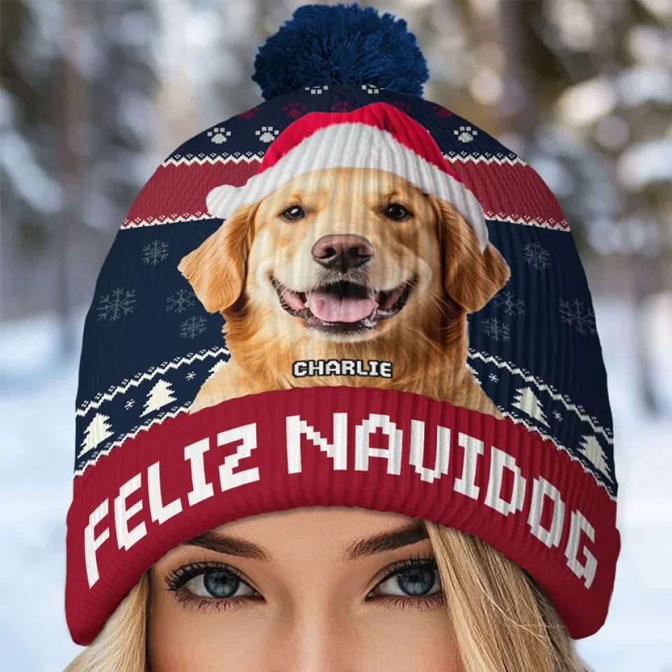 Custom Photo Feliz Navidog - Dog & Cat Personalized Custom Christmas Beanie Hat - Christmas Gift For Pet Owners, Pet Lovers