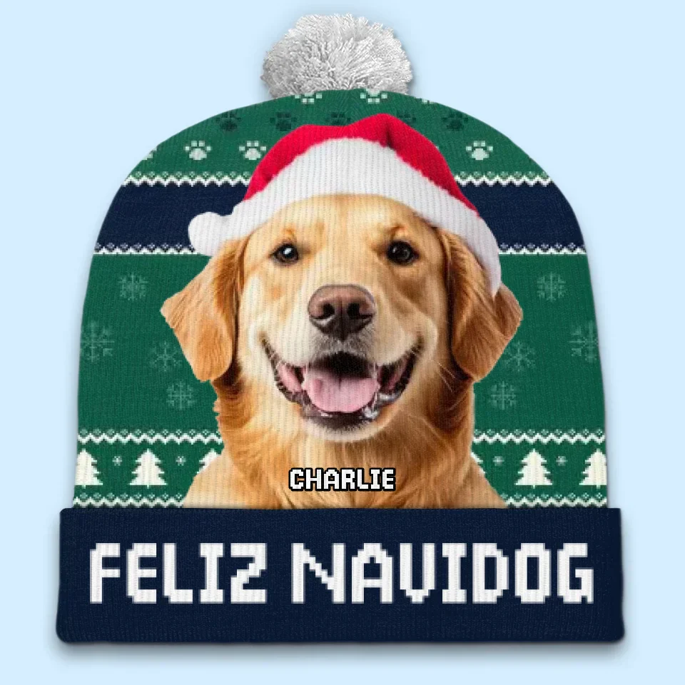 Custom Photo Feliz Navidog - Dog & Cat Personalized Custom Christmas Beanie Hat - Christmas Gift For Pet Owners, Pet Lovers