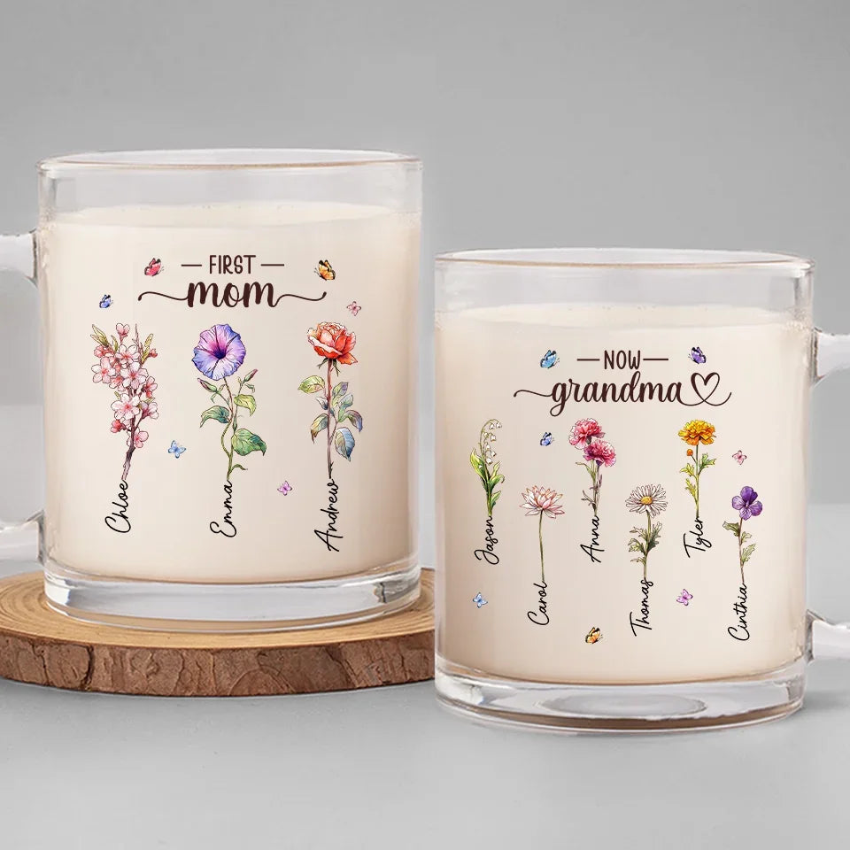 Grandma's Love Brings Blossoms To Life - Family Personalized Custom Glass Mug - Gift For Mom, Grandma