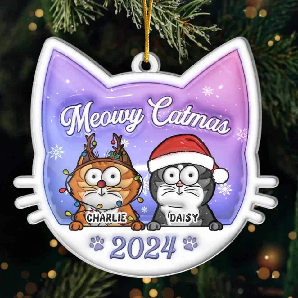 Meowy Catmas - Cat Personalized Custom 3D Inflated Effect Printed Ornament - Acrylic Custom Shaped - Christmas Gift For Pet Owners, Pet Lovers