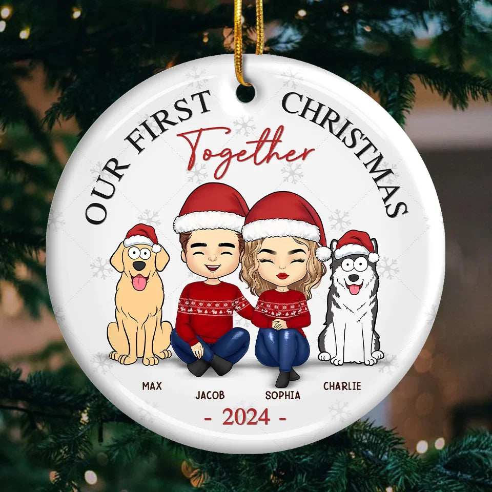Mistletoe Kisses And Paw Prints In The Snow - Couple Personalized Custom Ornament - Ceramic Round Shaped - Christmas Gift For Husband Wife, Anniversary, Pet Owners, Pet Lovers, First Christmas