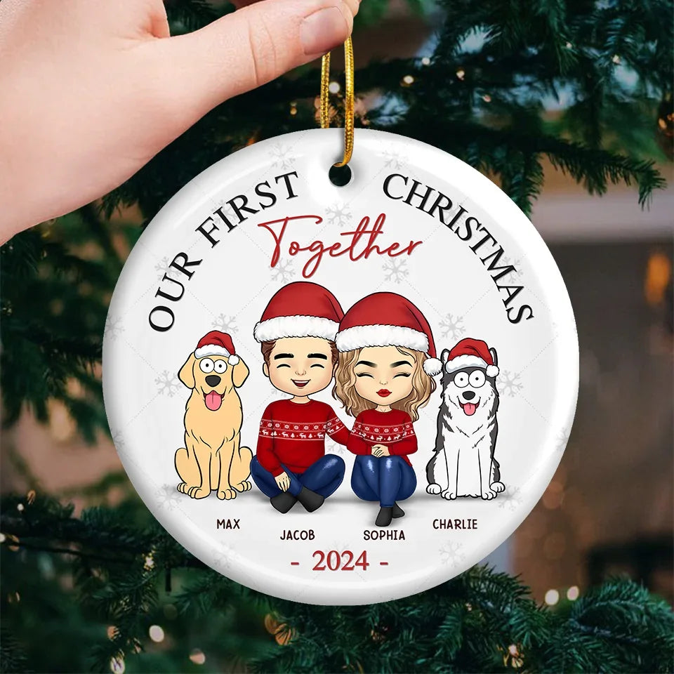 Mistletoe Kisses And Paw Prints In The Snow - Couple Personalized Custom Ornament - Ceramic Round Shaped - Christmas Gift For Husband Wife, Anniversary, Pet Owners, Pet Lovers, First Christmas