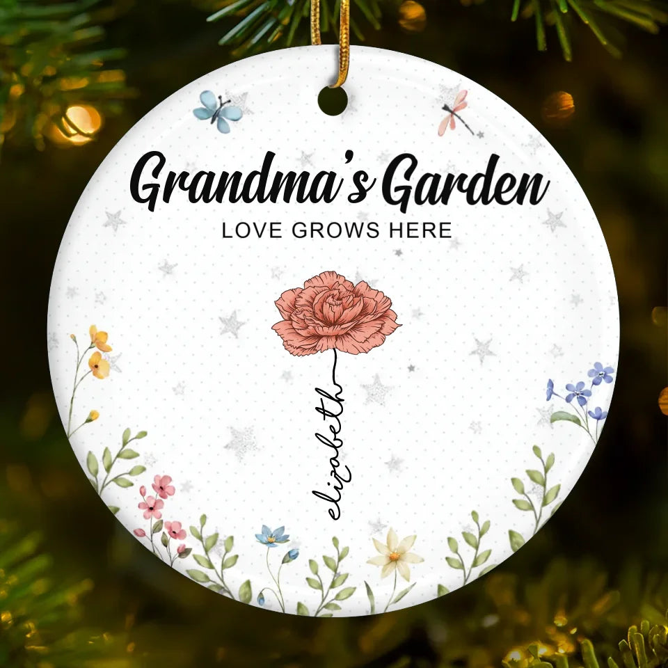 Just As Flowers Bring Color To The Garden, Grandma Bring Joy To Our Hearts - Family Personalized Custom Ornament - Ceramic Round Shaped - Christmas Gift For Grandma