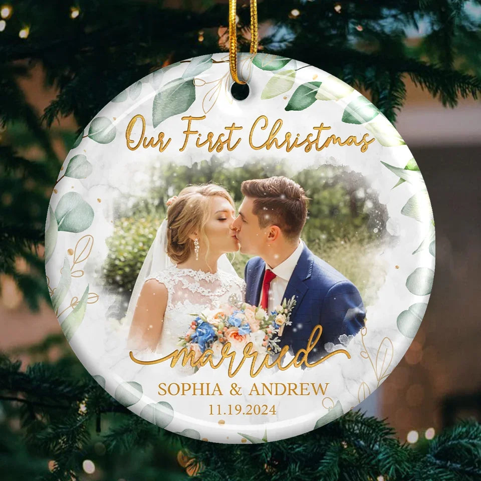 Custom Photo Our First Christmas Married - Couple Personalized Custom Ornament - Ceramic Round Shaped - Christmas Gift For Husband Wife, Anniversary, First Christmas