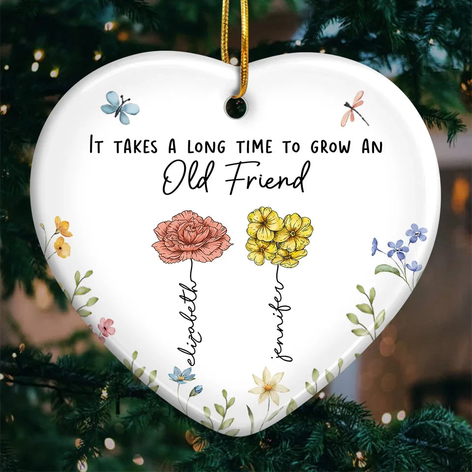Besties Bloom Together Like Wildflowers - Bestie Personalized Custom Ornament - Ceramic Heart Shaped - Christmas Gift For Best Friends, BFF, Sisters