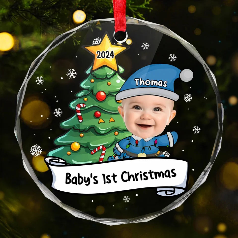 Custom Photo Let's Rock Around The Christmas Tree - Family Personalized Custom Circle Glass Ornament - Christmas Gift For Baby Kids, Newborn Baby, First Christmas