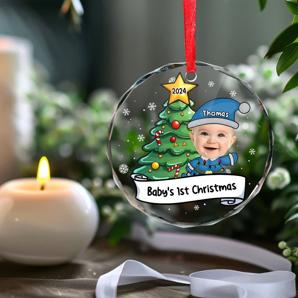 Custom Photo Let's Rock Around The Christmas Tree - Family Personalized Custom Circle Glass Ornament - Christmas Gift For Baby Kids, Newborn Baby, First Christmas