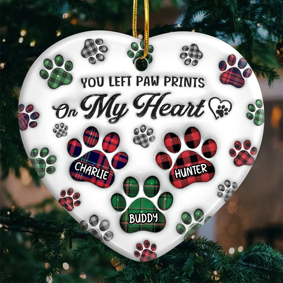 You Left Paw Prints On Our Hearts - Memorial Personalized Custom 3D Inflated Effect Printed Ornament - Ceramic Heart Shaped - Sympathy Gift, Christmas Gift For Pet Owners, Pet Lovers