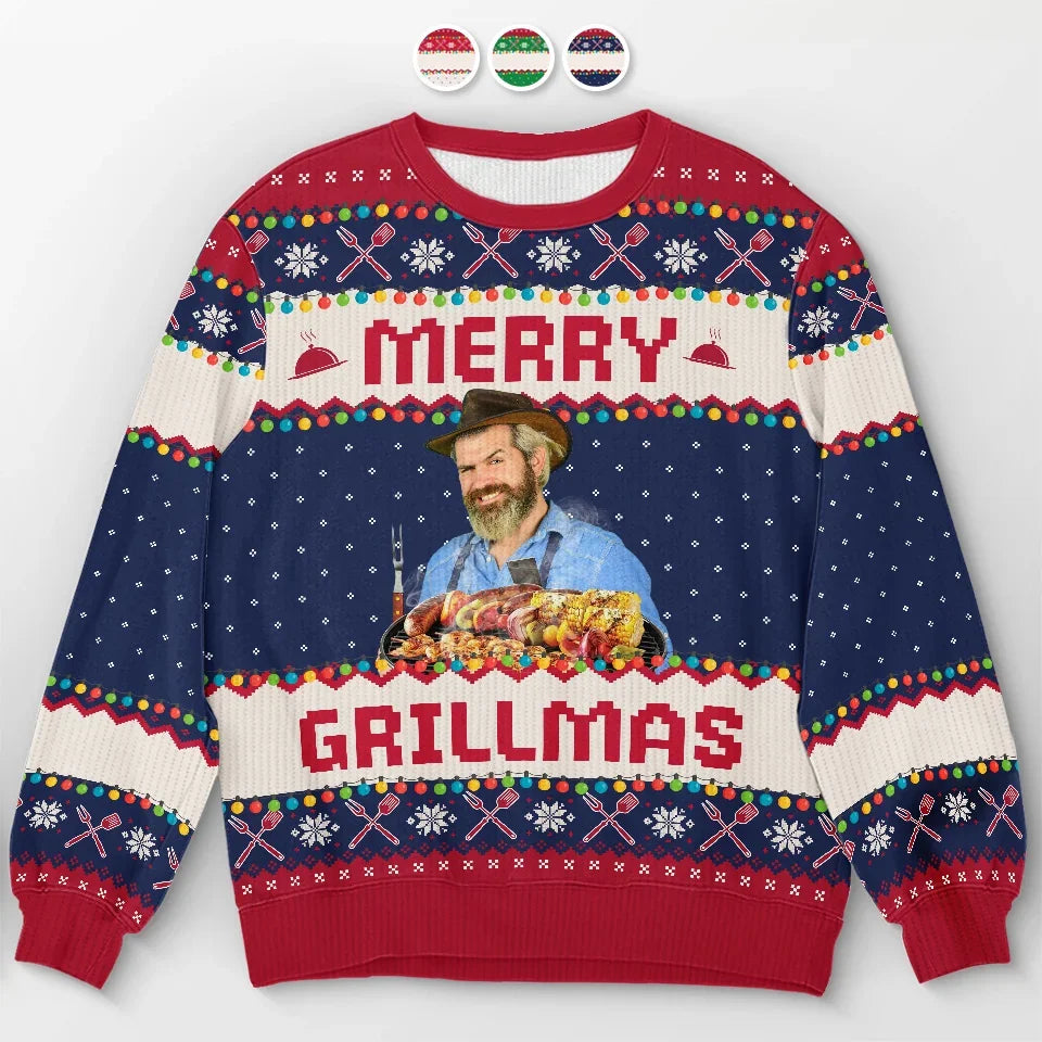 Custom Photo Grilling Up Some Holiday Cheer - Personalized Custom Ugly Sweatshirt - Unisex Wool Jumper - Christmas Gift For Dad, Grandpa, Husband
