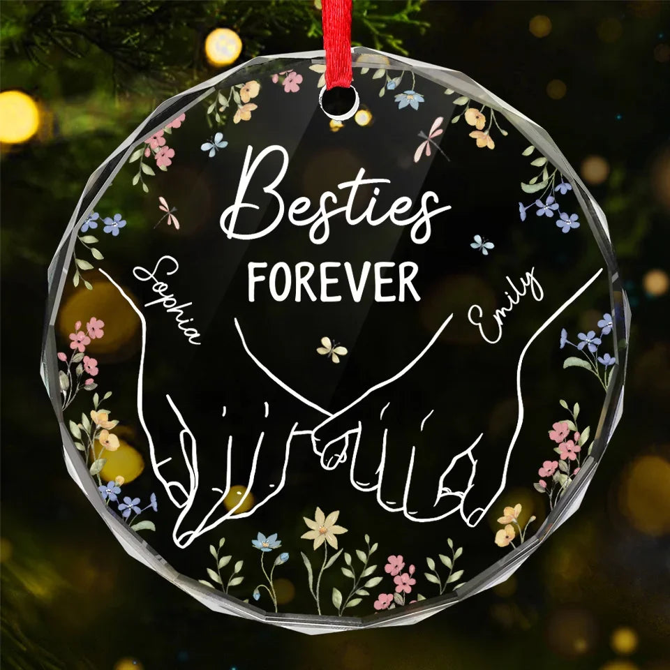 Hand In Hand And Heart To Heart - Bestie Personalized Custom Circle Glass Ornament - Christmas Gift For Best Friends, BFF, Sisters