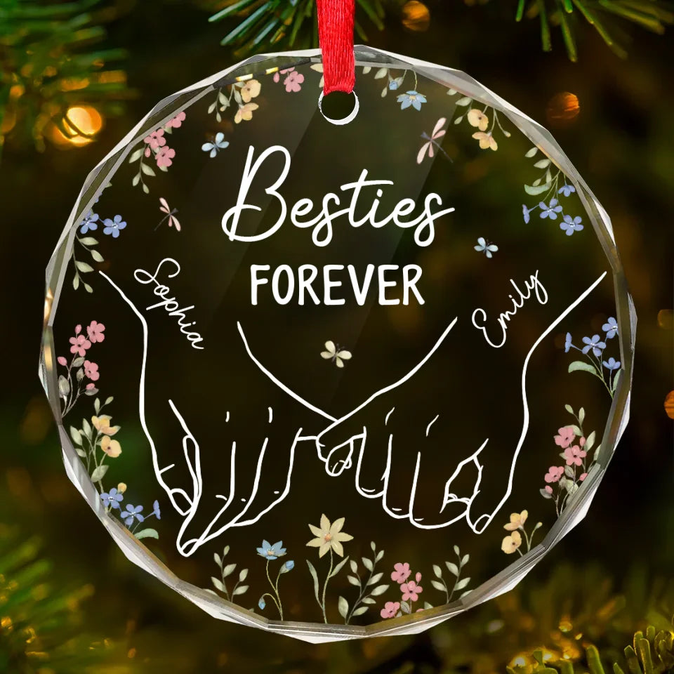 Hand In Hand And Heart To Heart - Bestie Personalized Custom Circle Glass Ornament - Christmas Gift For Best Friends, BFF, Sisters