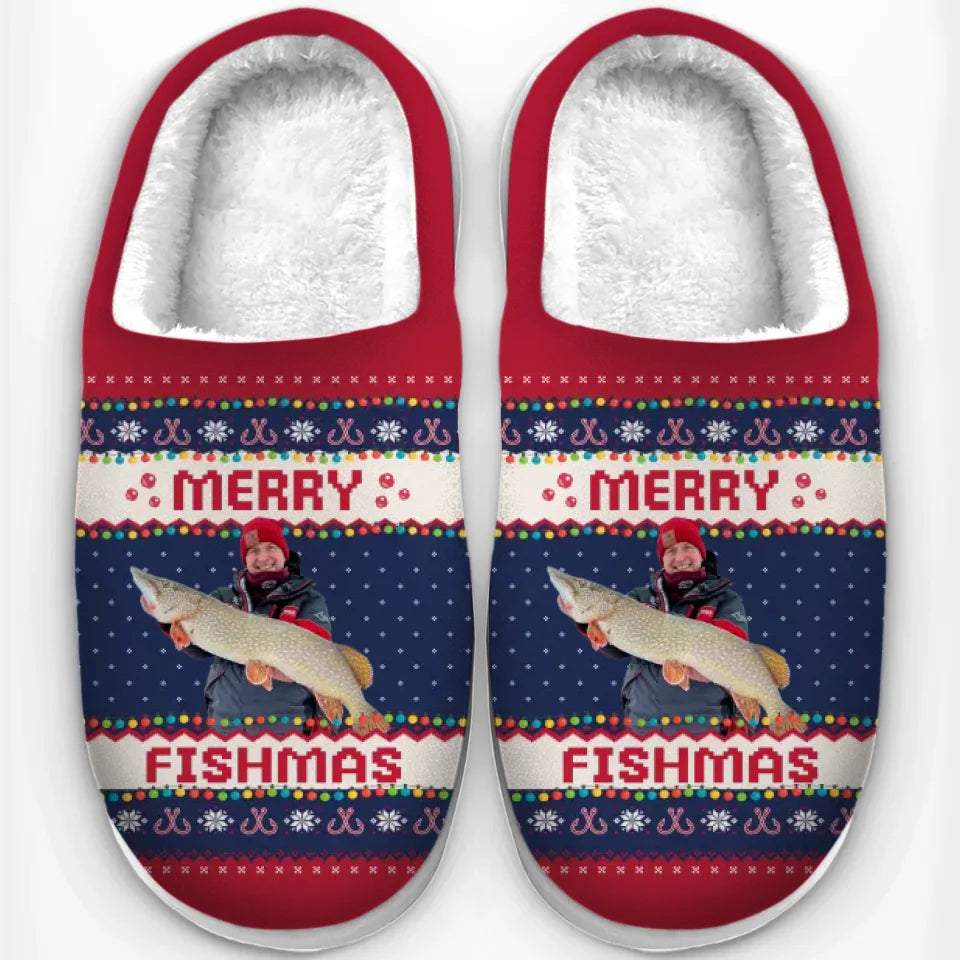 Custom Photo Merry Fishmas - Fishing Personalized Custom Fluffy Slippers - Christmas Gift For Fishing Lovers, Fisherman