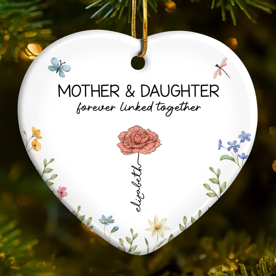 Mother & Daughters Forever Linked Together - Family Personalized Custom Ornament - Ceramic Heart Shaped - Christmas Gift For Mom, Daughter