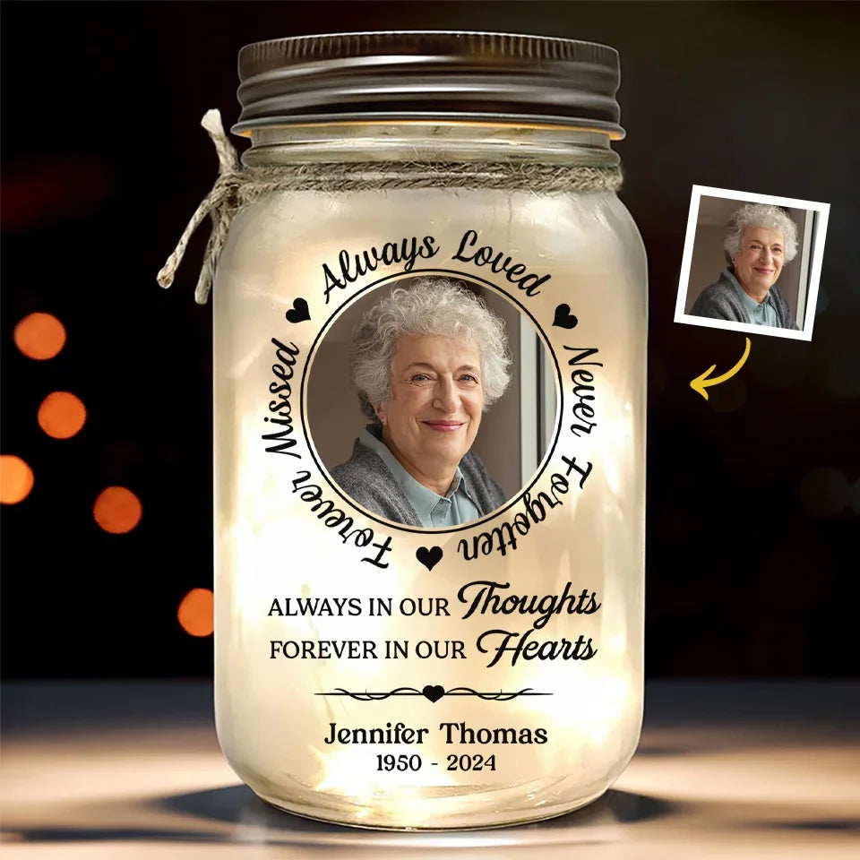 Custom Photo My Heart Filled With Your Love - Memorial Personalized Custom Mason Jar Light - Sympathy Gift, Christmas Gift For Family Members