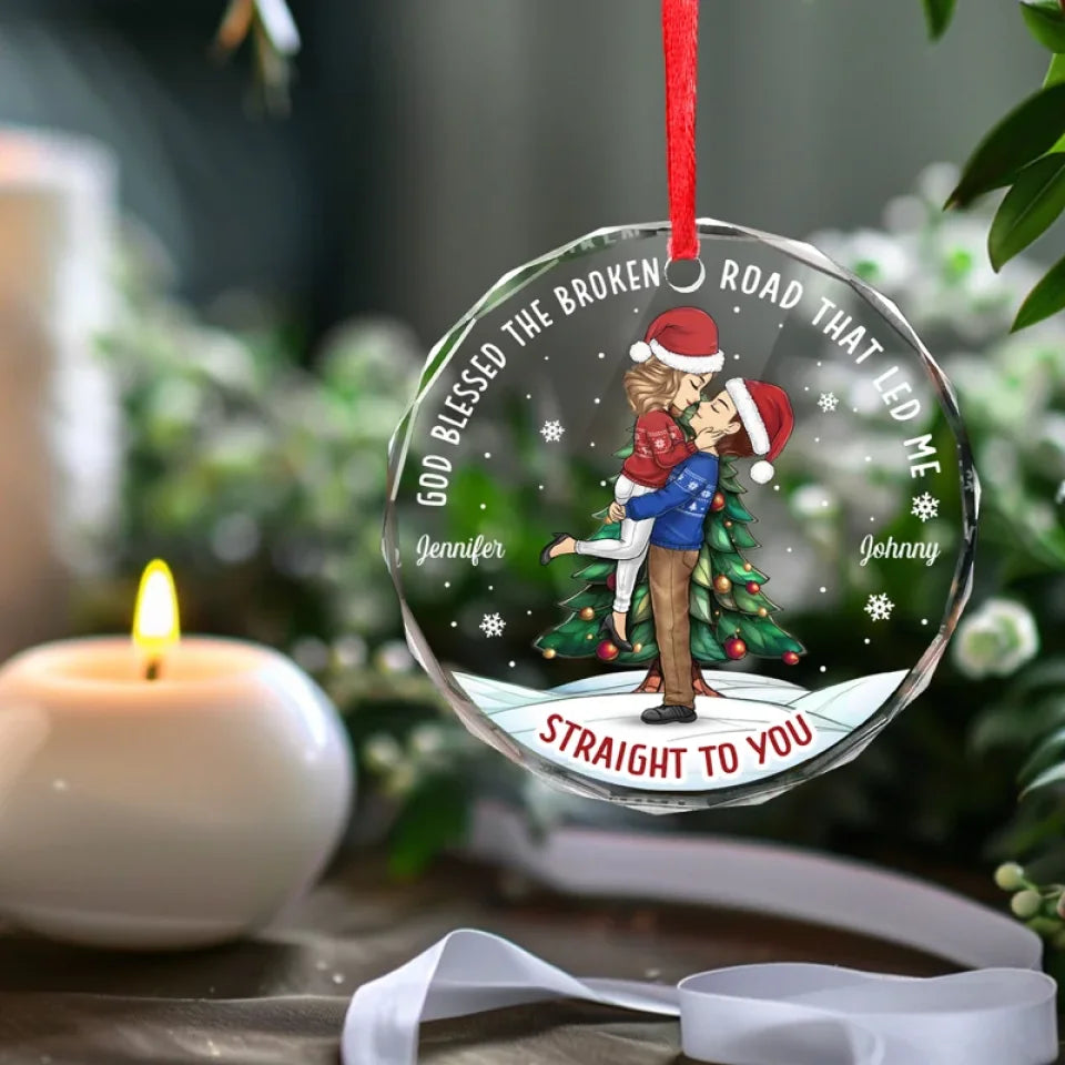 My Favorite Place In All The World Is Next To You - Couple Personalized Custom Circle Glass Ornament - Christmas Gift For Husband Wife, Anniversary