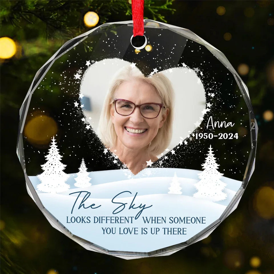 Custom Photo The Sky Looks Different When Someone You Love Is Up There - Memorial Personalized Custom Circle Glass Ornament - Sympathy Gift, Christmas Gift For Family Members