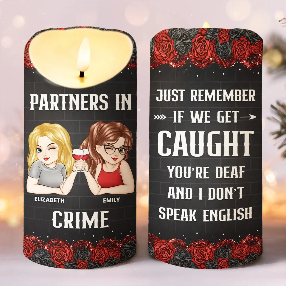 Partners In Crime - Bestie Personalized Custom LED Candle - Christmas Gift For Best Friends, BFF, Sisters