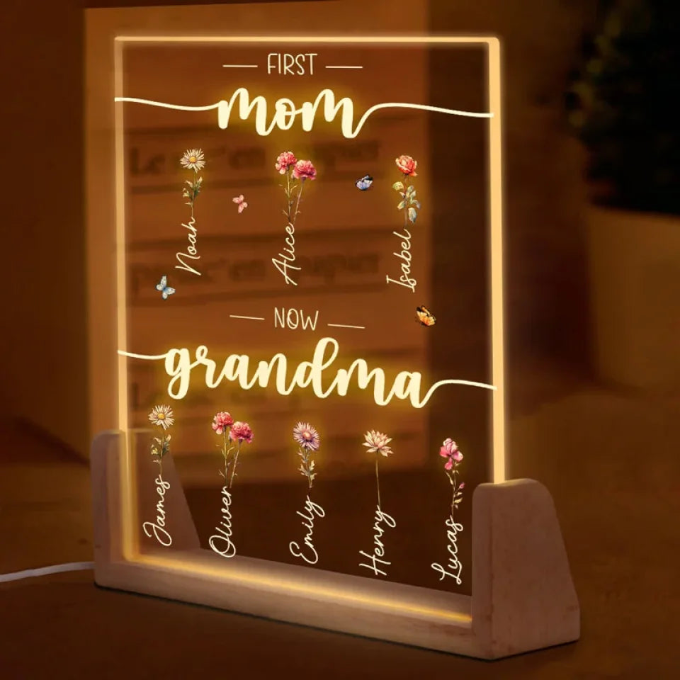 First Mama Now Grandma - Family Personalized Custom Shaped 3D LED Walnut Night Light - Christmas Gift For Mom, Grandma