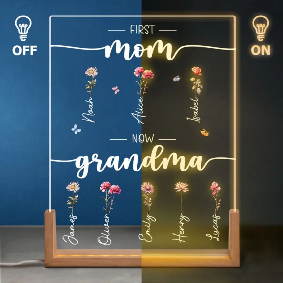 First Mama Now Grandma - Family Personalized Custom Shaped 3D LED Walnut Night Light - Christmas Gift For Mom, Grandma