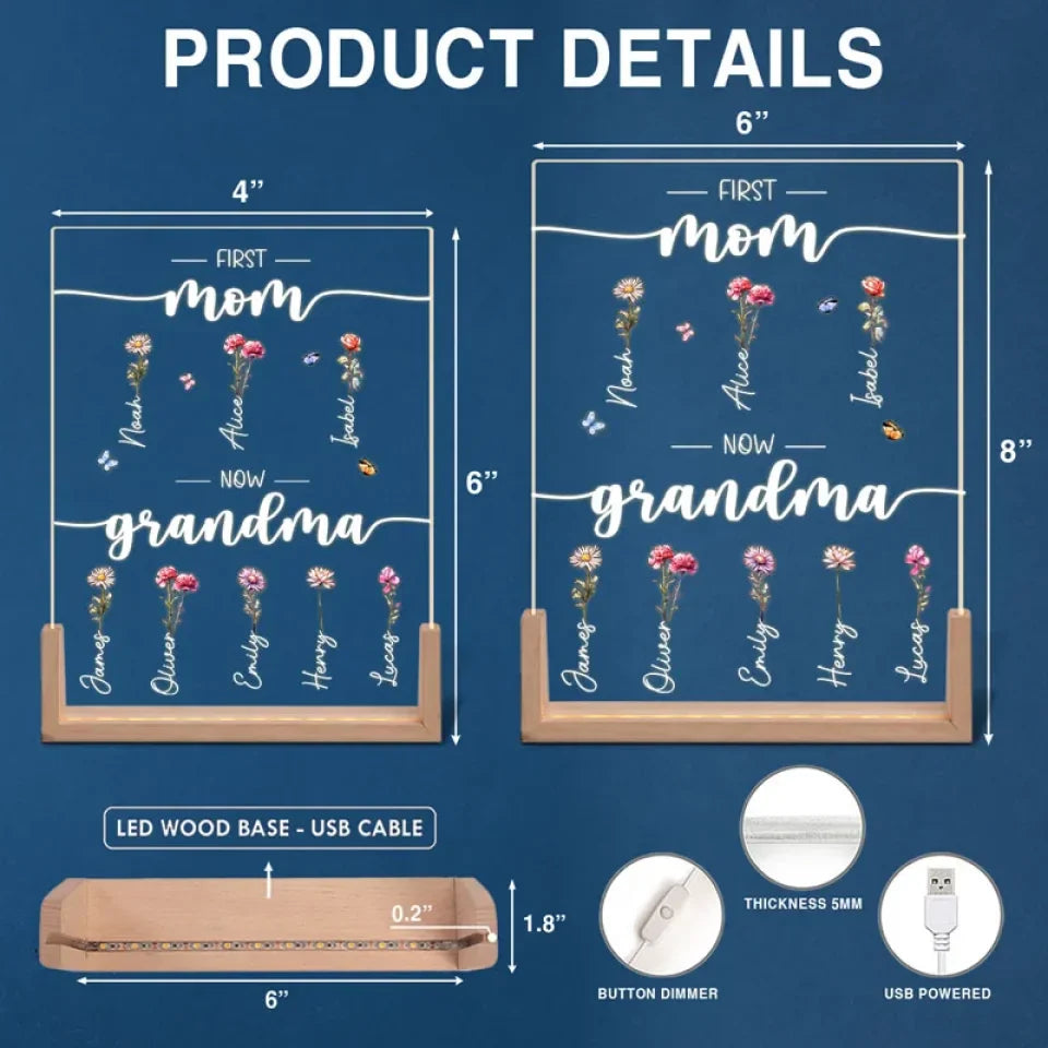 First Mama Now Grandma - Family Personalized Custom Shaped 3D LED Walnut Night Light - Christmas Gift For Mom, Grandma