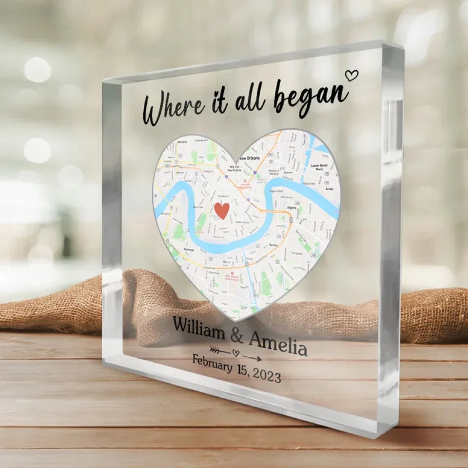 Location Map Where It All Began - Couple Personalized Custom Map Square Shaped Acrylic Plaque - Map Art, Gift For Husband Wife, Anniversary