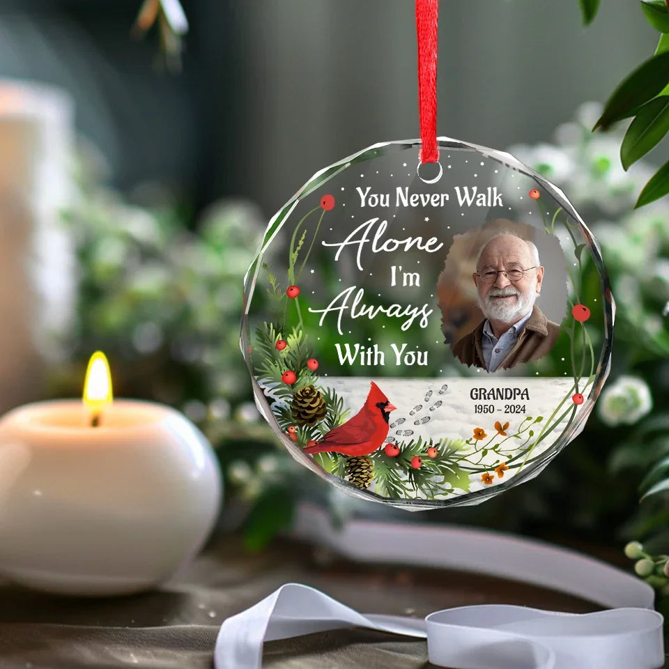 Custom Photo Love Never Dies, It Simply Transcends - Memorial Personalized Custom Circle Glass Ornament - Sympathy Gift, Christmas Gift For Family Members