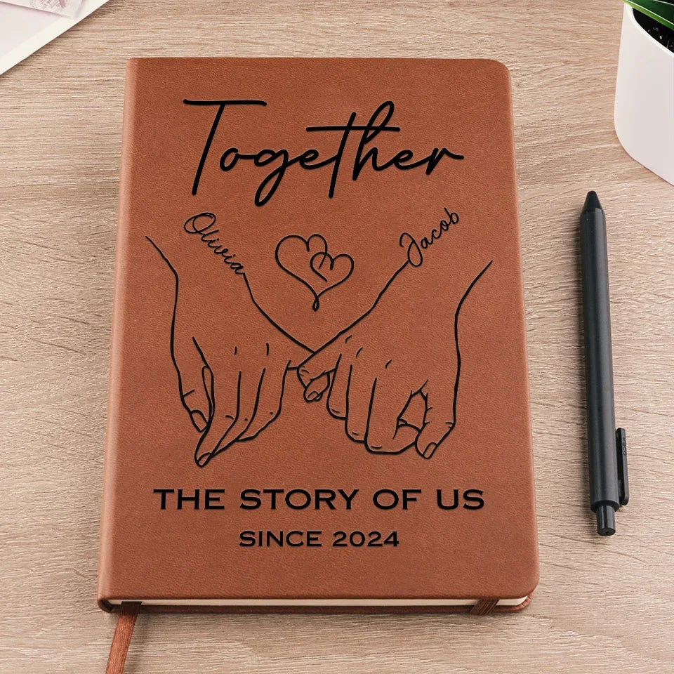 Fingers Intertwined, Hearts Aligned - Couple Personalized Custom Leather Journal - Gift For Husband Wife, Anniversary