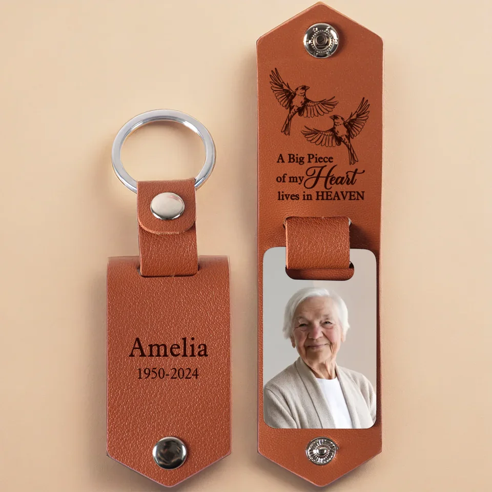 Custom Photo A Big Piece Of My Heart Lives In Heaven - Memorial Personalized Custom Engraved Leather Keychain - Sympathy Gift For Family Members
