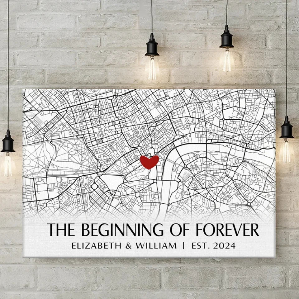 Location Map The Beginning Of Forever - Couple Personalized Custom Map Horizontal Canvas - Map Art, Gift For Husband Wife, Anniversary, Long Distance Relationship