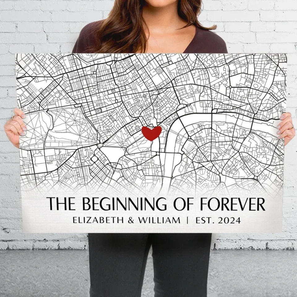 Location Map The Beginning Of Forever - Couple Personalized Custom Map Horizontal Canvas - Map Art, Gift For Husband Wife, Anniversary, Long Distance Relationship