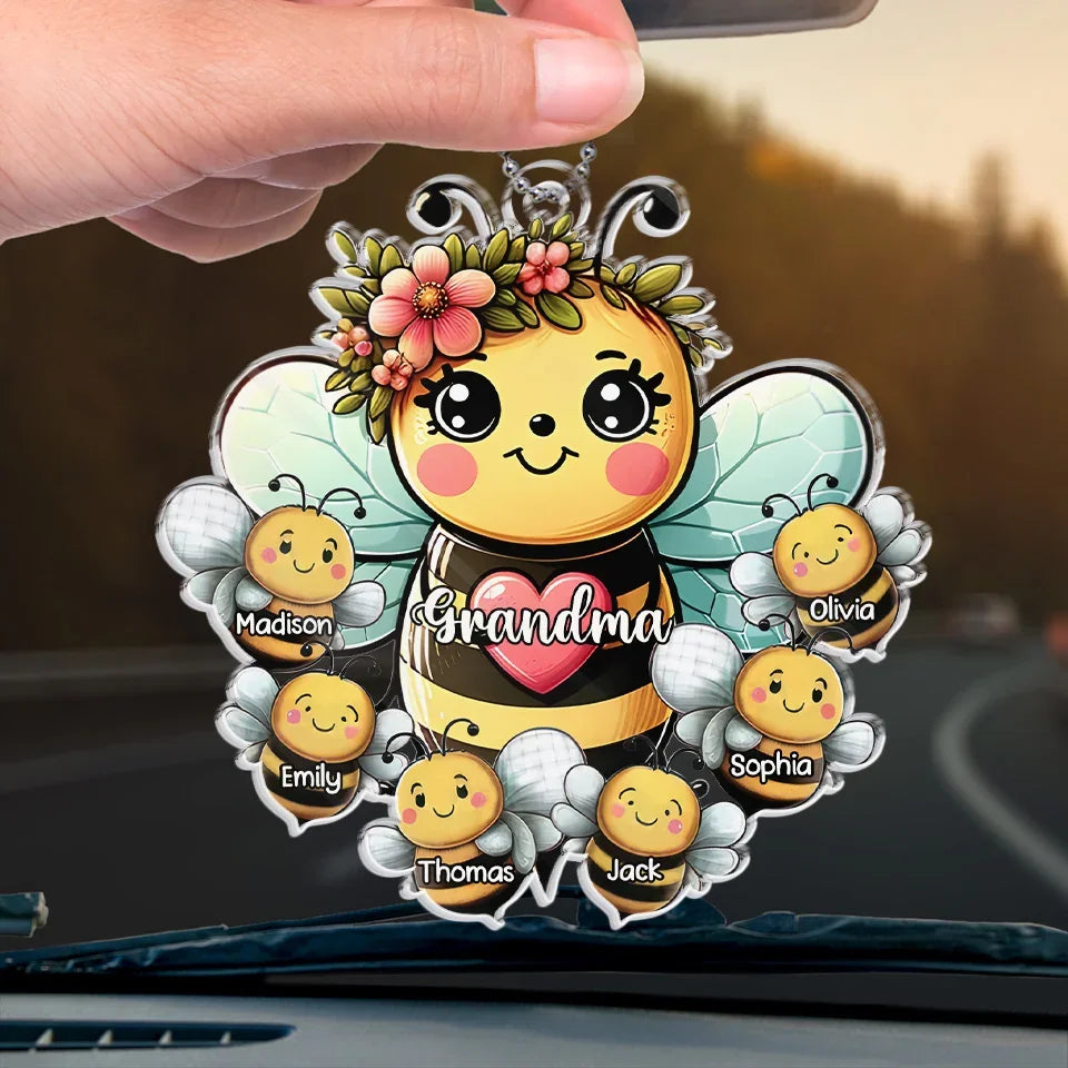 Like A Bee, Grandma Fills Our Lives With Sweetness - Family Personalized Custom Car Ornament - Acrylic Custom Shaped - Gift For Mom, Grandma